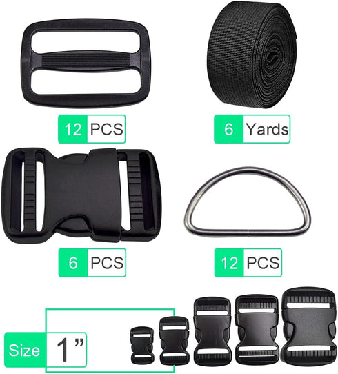 CooBigo 1 Inch Buckles Straps Set 6 Yards Black Nylon Webbing Strap 6 Pcs Quick Side Release Plastic Buckle Dual Adjustable 12pcs Tri-glide Slide ...
