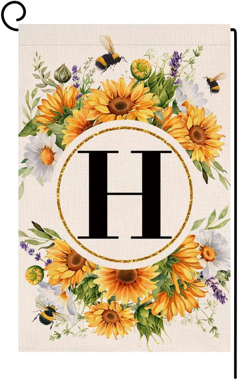 Monogram Letter H Garden Flag Summer Sunflower 12x18 Vertical Double Sided Spring Floral Bee Outside Decorations Small Burlap Family Last Name Ini...