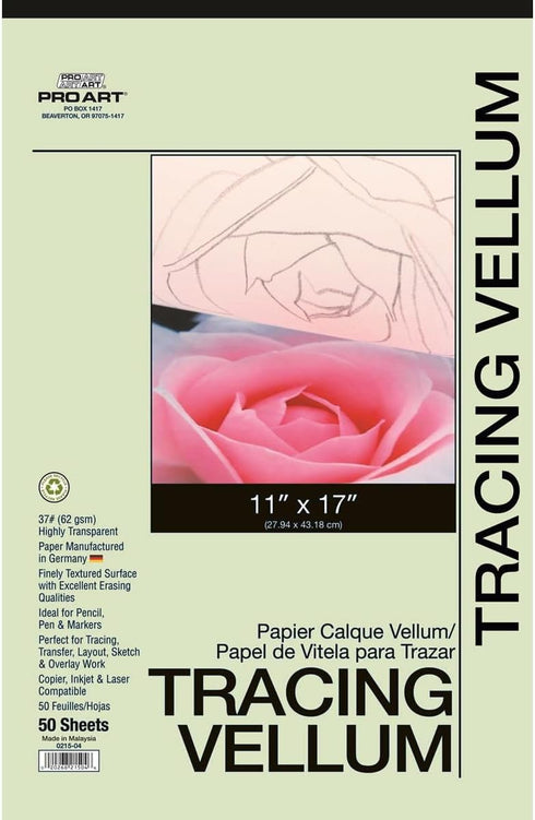 PRO ART Tracing Vellum Paper Pad, 11-inch x 17-inch, 50 Sheet Tape Bound Pad...
