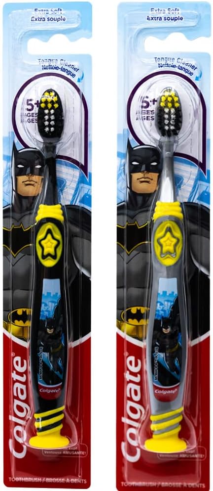 Colgate Batman Toothbrush for Children with Suction Cup, Kids 5+ Years Old, Extra Soft (Colors Vary) - Pack of 2...