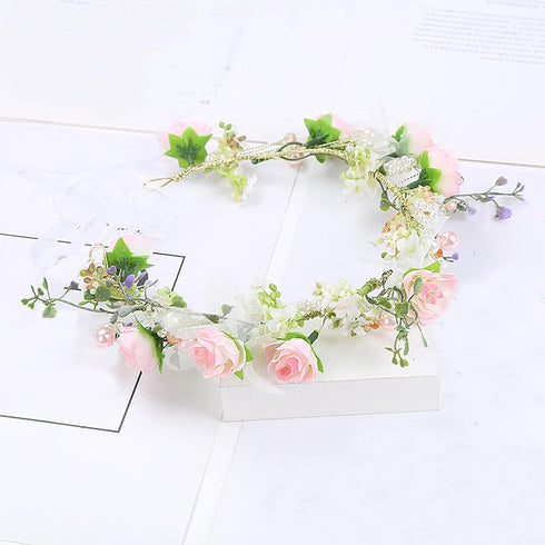 Vivivalue Pearl Flower Crown Floral Garland Headband Flower Halo Headpiece Hair Wreath Boho with Ribbon Party Wedding Festival Photos Pink...