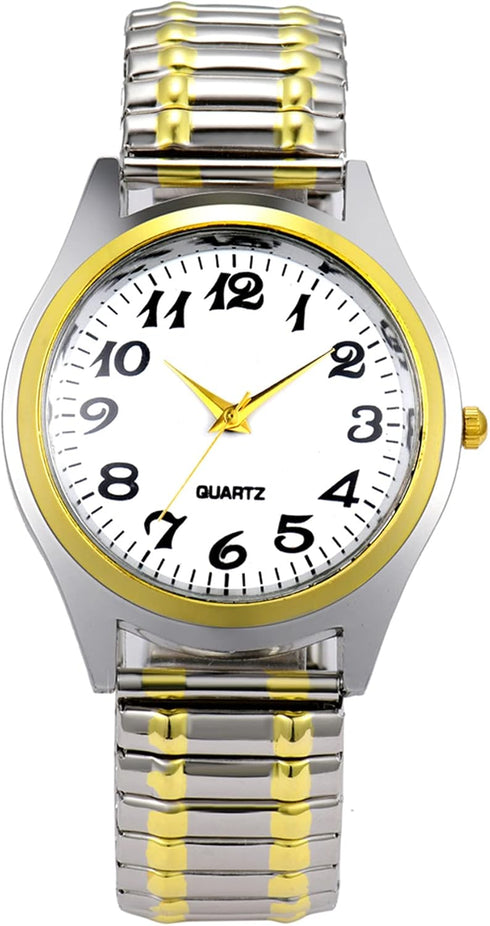 Lancardo Men's Elastic Band Watch: Analog Quartz Round Face Stretch Band Easy to Read Silver Gold Tone Wrist Watch Father's Day...