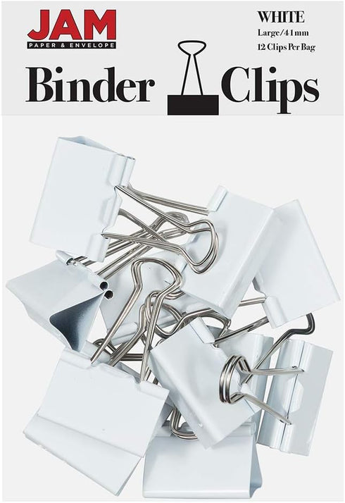 JAM PAPER Colorful Binder Clips - Large - 1 1/2 Inch (41 mm) - White Binderclips - 12/Pack...