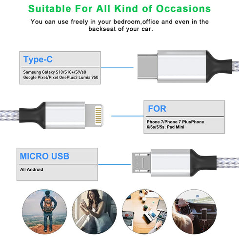 Multi 3 in 1 USB Long iPhone Charging Cable, 3M/10Ft Nylon Braided Universal Phone Charger Cord USB C/Micro USB/Lightning Connector Adapter for An...