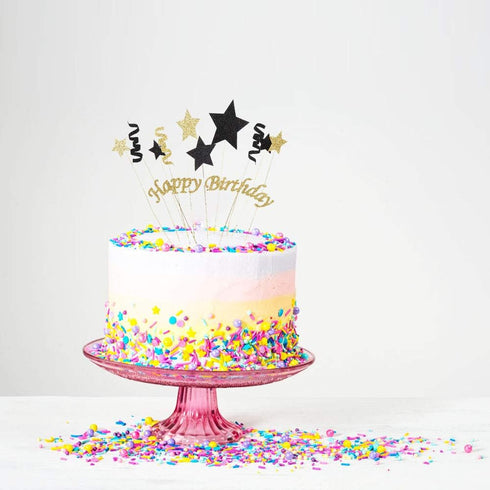 Handmade Black and Glod Glitter Pentacle Pentacle Cake Toppers Happy Birthday Cake Bunting Topper Paper, Birthday Party Decoration...