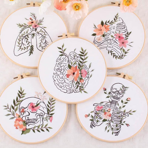 YANGSHINE 2 Sets Human Anatomy Embroidery Kit for Beginners,Flower with Skull Patterns Cross Stitch Kits,Including Embroidery Hoops, Fabric,Color ...