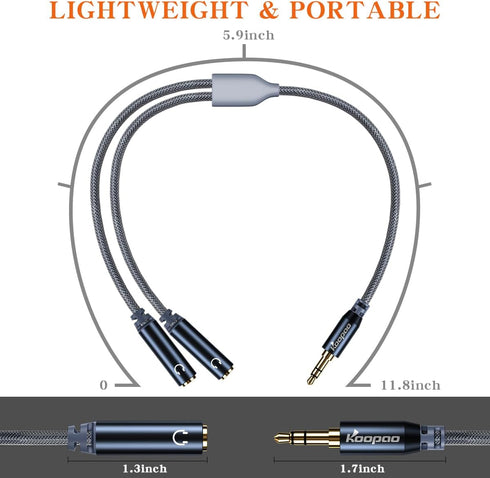 KOOPAO 3.5mm Dual Headphone Jack Adapter, 3.5mm Male to 2 Female Headphone Splitter Y Splitter AUX Audio Cable for Phone, PC, Tablets, MP3, PS4, S...