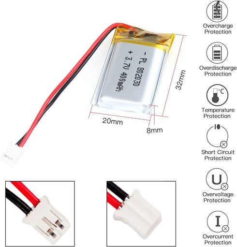 3.7V 400mAh Battery 802030 Lithium Polymer Ion Rechargeable Li-ion Li-Po Battery with 2P PH 2.0mm Pitch Connector...