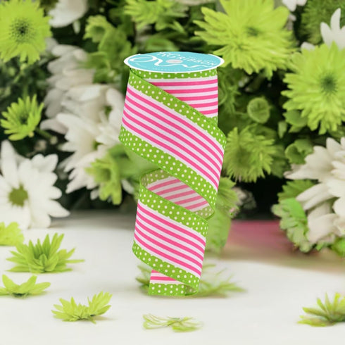 Vertical Stripe & Polka Dot Edge Wired Edge Ribbon - 2.5" x 10 Yards (White, Hot Pink, Lime Green)...