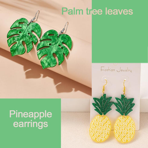 6 Pairs Tropical Earrings for Women Coconut Palm Leaf Dangle Earrings Green Plant Pineapple Flamingo Hawaiian Earrings...