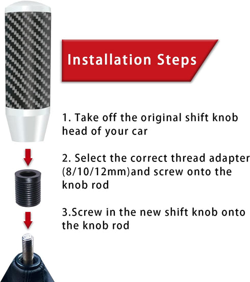 3.5 Inch/9cm Silver Carbon Fiber Shift Knob Aluminum Alloy Weighted Shift Knob Automatic Shift Knob with 8/10/12mm Adapter fit for Manual and Butt...