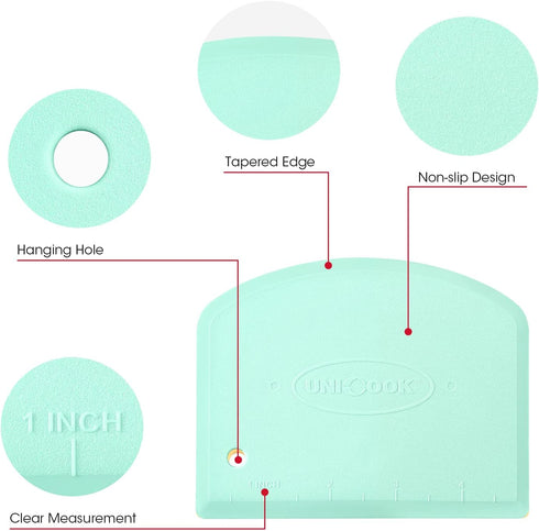 Unicook Dough Scraper Cutter, Flexible Bowl Scraper, Plastic Bench Scraper for Baking Pizza/Pastry/Cake, Multipurpose Baking Tools with Measuring ...