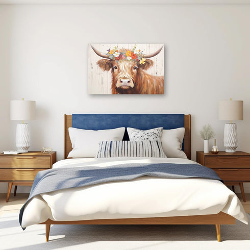 CXHOSTENT Highland Cow Canvas Wall Art Animal Painting Wall Decor Rustic Cattle and Flower Picture Print Farmhouse Kitchen Decor Frame (Highland C...