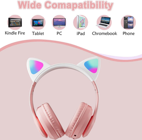 Kids Headphones, Bluetooth Wireless Headphones for Kids Teens Adults, Over-Ear Bluetooth Headphones with Microphone, Cat Ear Headphones for Girls ...