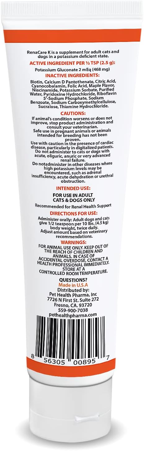 RenaCare K is for Renal K (Potassium Gluconate) Potassium Supplement Gel for Dogs and Cats, (5 oz) with Maple Flavor (Made in U.S.A)...