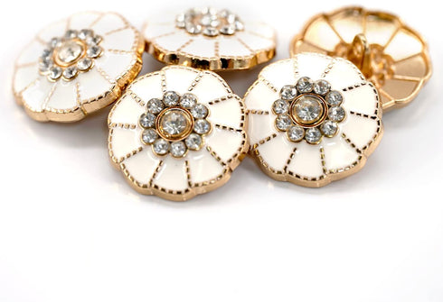 20 pcs Flower Shape White Enamel Petals with Rhinestones Metal Sewing Coats Shank Buttons -25mm -1"...