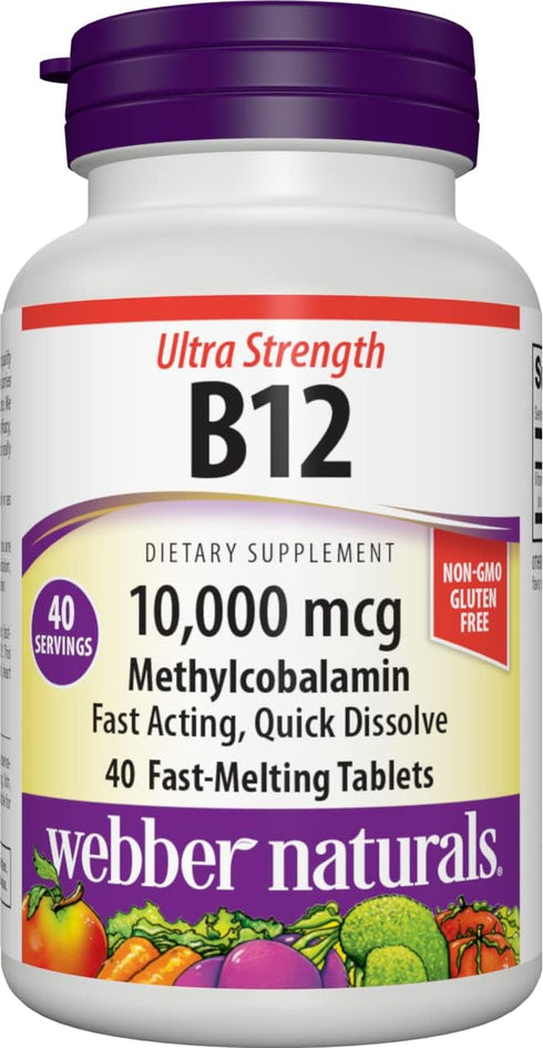 Webber Naturals Vitamin B12 10,000 mcg Ultra Strength, 40 Count, Fast-Melting Tablets, Supports Energy Metabolism, Immune and Heart Health, Gluten...