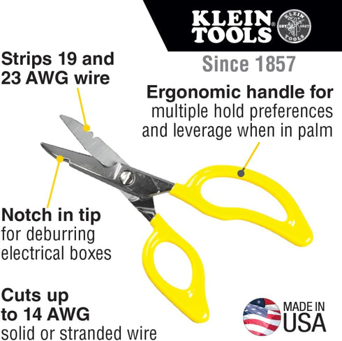 Klein Tools 26001 Scissors, Made in USA, All-Purpose Electrician's Scissors with Cable Cutting Notch, Serrated Blades, Deburr Notch, 6.75-Inch...