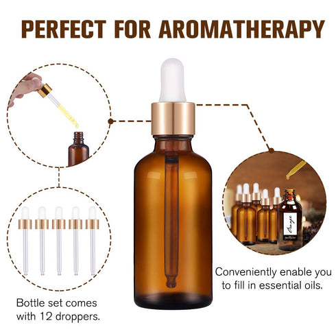 PrettyCare Eye Dropper Bottle 2 oz (12 Pack Amber Glass Bottles 60ml with Golden Caps, 24 Labels, Funnel & Measured Pipettes) Empty Tincture Bottl...