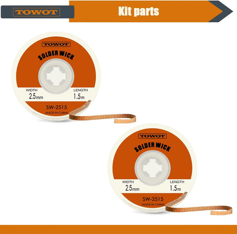 TOWOT Desolding Pump & 2PCS Desoldering Wick (Length: 1.5m; Width: 2.5mm) Used to Remove the Solder and Disassemble Electrical Components, No-Clea...