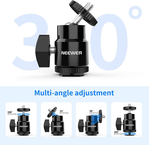 NEEWER Mini Ball Head with Cold Shoe & 1/4” Screw, 2 Pack, 360° Swivel 90° Tilt Ballhead Camera Mount Hot Shoe Adapter for Camera, Camcorder, Smar...