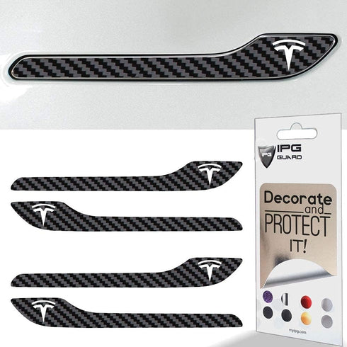 IPG for Tesla Model 3 / Model Y Door Handle Decal Sticker Wrap Kit (Set of 4) with Tesla Logo (Black Carbon Fiber)...