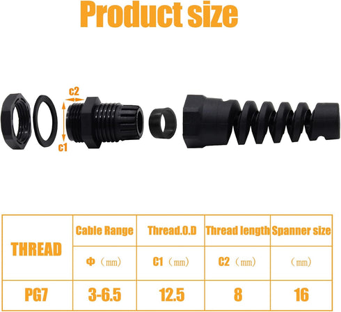 2 Pcs Black PG7 Cable Gland Waterproof IP68 Nylon Joint Adjustable Locknut with Flex Spiral Strain Relief for 4.5-7.8mm Dia Wire...