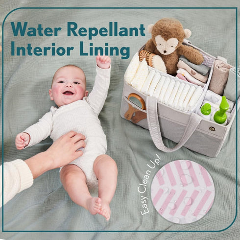 MIGHTY MONKEY Oversized Stain Resistant Baby Diaper Caddy Organizer with Handle, Adjustable Mesh Storage Bin Compartments for Diapers, Baby Wipes,...