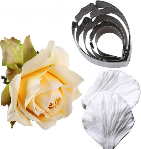 KALAIEN 5pcs Stainless Steel Peony Cutter 2pcs Fondant Silicone Mold Gumpaste Peony Sugarcraft Flower Veining Mold Veiner Petal Making Tool...