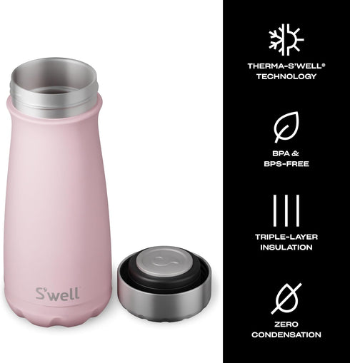 S'well Stainless Steel Traveler, 16oz, Pink Topaz, Triple Layered Vacuum Insulated Containers Keeps Drinks Cold for 24 Hours and Hot for 12, BPA F...