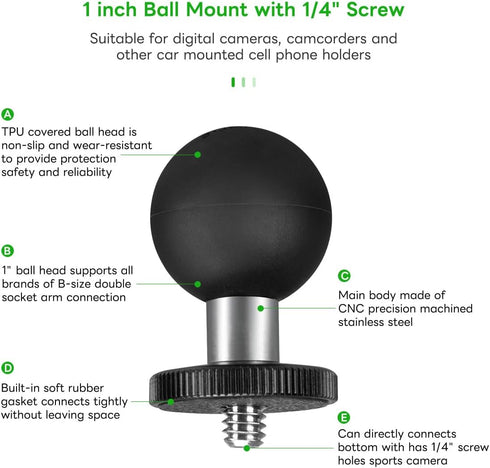 FANAUE GB-02 Aluminum 1" Ball Adapter with 1/4"-20 Threaded Stud, Compatible with RAM Mount B Size Double Socket Arm for Insta 360 Panorama Series...