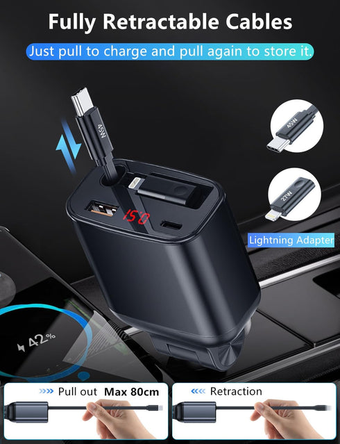 ?Upgraded?Retractable Car Charger 4 in 1, 105W Fast Car Phone Charger with Retractable Cord 2.6ft, USB C and USB Car Charger Adapter, Compatible w...