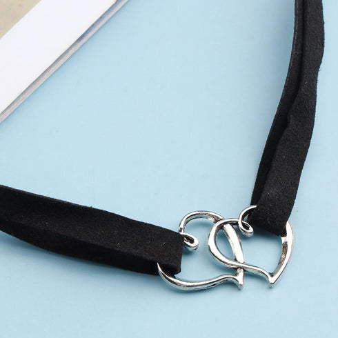 Punk Leather Choker Necklace Silver Heart Collar Chain Necklace Black Hollow Love Heart Necklace Chain Retro Velvet Choker Necklace Chain Jewelry ...