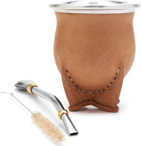 BALIBETOV Leather Wrapped Handmade Yerba Mate Gourd (Mate cup) with Bombilla (Yerba Mate straw) (Natural)...