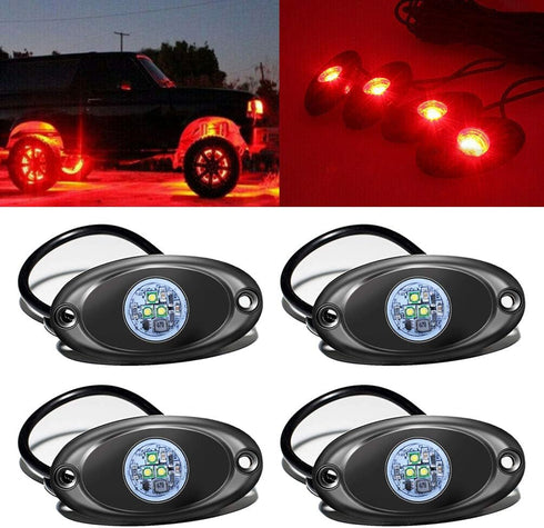 4 Pods LED Rock Light for Jeep ATV SUV Offroad Car Truck Boat Underbody Glow Trail Rig Lamp Underglow LED Neon Lights Waterproof 12V 24V - Red...