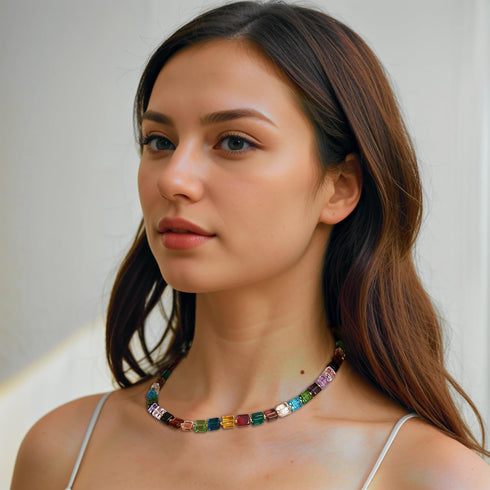 Choker Necklace for Women Multi-Colored Glass Crystals Beads Rainbow Strand Necklace Brass Plated 18K Gold Adjustable Length Trendy Gift...