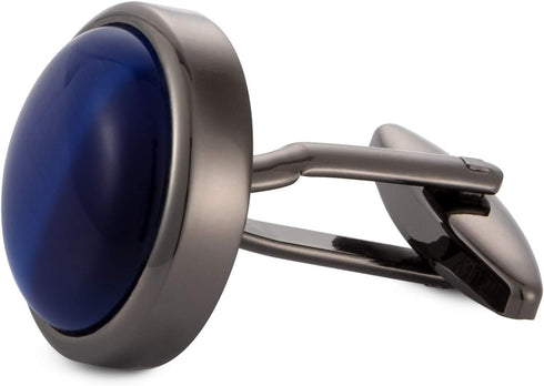 Round Cat Eye Cufflinks for Men Dark Blue Opal Cuff Links in Gun Black Business Shirt...