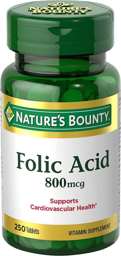 Nature's Bounty Folic Acid 800 mcg Vitamin Supplement Maximum Strength - 250 Tablets, Pack of 2...