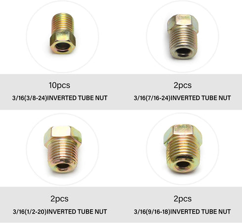 16PCS 3/16 Brake Line Fittings,Thread Brake Line Repair Kit Metric Invert Flare Fittings,Universal Zinc Alloy Brake Line Kit Car Accessories for M...