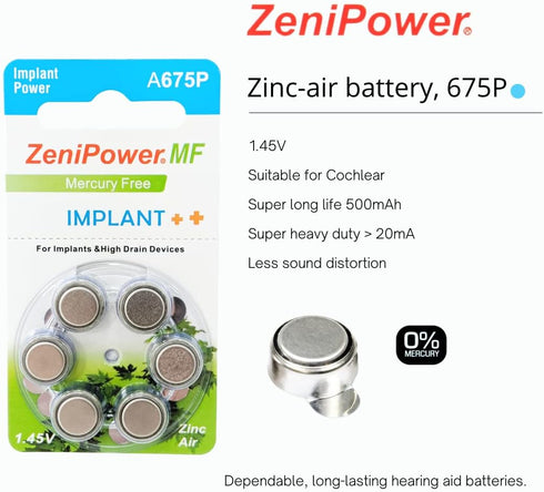 Cochlear Implant Batteries Size A675P Zero Mercury (60 Batteries)...