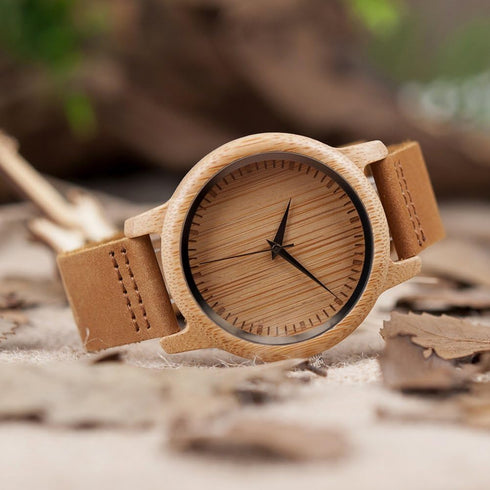 BOBO BIRD Men's Women's Bamboo Wooden Watch with Brown Cowhide Leather Strap Analog Quartz Casual Watches...