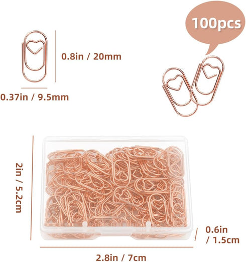 100 Pcs Love Heart Shaped Paper Clips, 0.78inch Cute Mini Paperclips for Office School Home Desk Organizers (Rose Gold)...