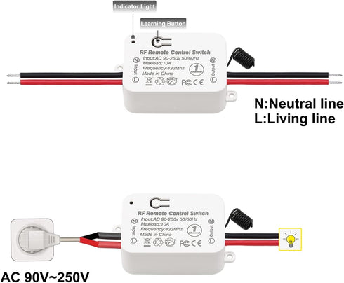 Jiuwu Wireless Remote Control Switch?AC 90-250V 1 Channel 433Mhz RF Remote Relay Switch with 2 RF Transmitters 86 Wall Panel Transmitter, Remote C...