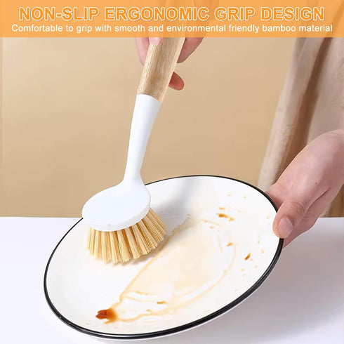 Kitchen Dish Brush Bamboo Handle Dish Scrubber Built-in Scraper, Scrub Brush for Pans, Pots, Kitchen Sink Cleaning, Dishwashing and Cleaning Brush...