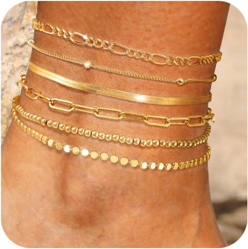 Gold Anklets for Women, 14k Gold Ankle Bracelets for Women Waterproof Cuban Link Anklets Layered Gold Beaded Anklet Bracelets Set Trendy Summer Je...