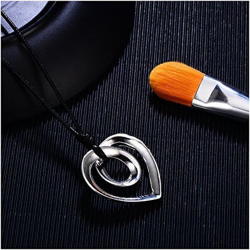 Heart Shape Long Pendant Necklace Silver Plated Black PU Leather Rope Long Chain Necklace for Women...