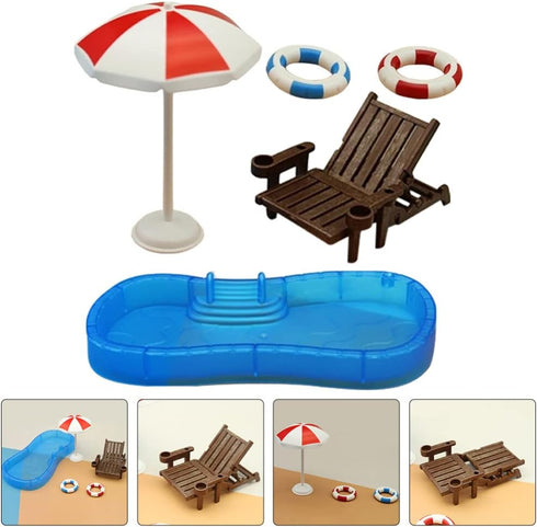 Toyvian 2 Sets Doll House Swimming Pool Swimming Ring Folding Beach Sunbath Chair Simulation Miniature Craft Furniture Pool Toys Photo Props for D...