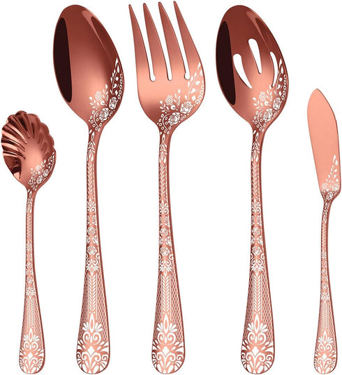 EUIRIO Stainless Steel Copper Serving Utensils Large Serving Spoon Set Serving Fork Slotted Spoon Buffer Knife and Sugar Spoon Kitchen Party Suppl...