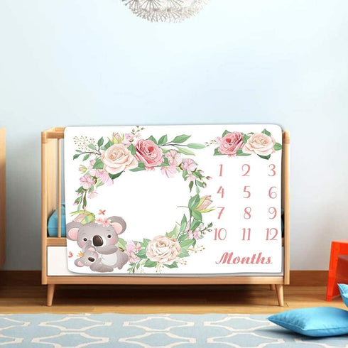 Baby Memory Blanket, Koala Cute Animal Flowers Newborn Baby Monthly Milestone Blanket for Girls Princess Baby Age Blanket, 48x40 Inch Nurse Receiv...