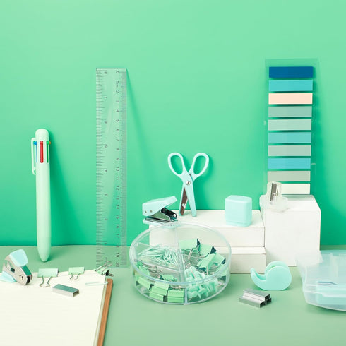 Mini Office Supplies, Turquoise Green School Supplies with Sticky Notes,Mini Stapler,Tape Dispenser,Hole Punch,Staple Remover,Staples,Clips,Scisso...